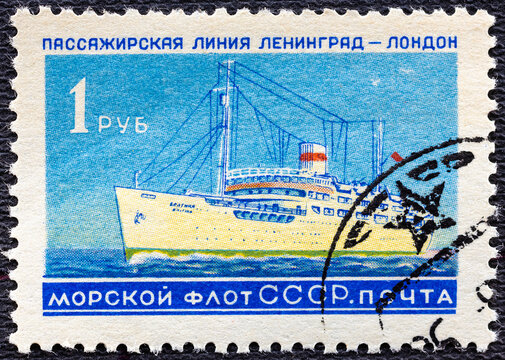 USSR - CIRCA 1959: A postage stamp printed in USSR shows Soviet Liners Ship and Inscription Soviet Navy, Passage line Leningrad - London, from the series Ships.