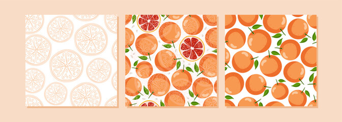 Grapefruit background collection. Three pattern citrus set. Abstract Seamless pattern with grapefruits on white background. Backgrounds for textile, wrapping paper, wallpaper, cover design, card