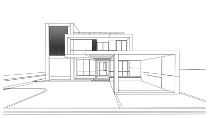 Wireframe of house. Wireframe perspective. 3D wireframe building.