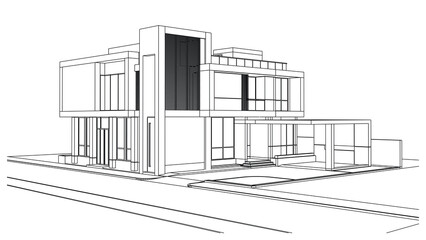 Wireframe of house. Wireframe perspective. 3D wireframe building.