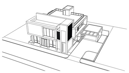 Wireframe of house. Wireframe perspective. 3D wireframe building.