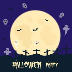 
Halloween illustration with ghosts and moon,bats, graves.