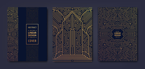 Set of vector Art deco, gatsby golden covers. Creative design templates. Trendy graphic poster, brochure, design, packaging, branding. Geometric shapes, ornaments, elements. Building, city