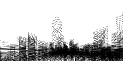 Fototapeta premium Wireframe perspective background. Building wireframe. Wireframe city background.