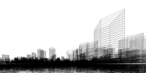 Wireframe perspective background. Building wireframe. Wireframe city background.