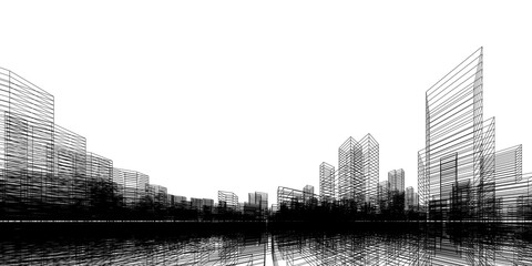 Wireframe perspective background. Building wireframe. Wireframe city background.