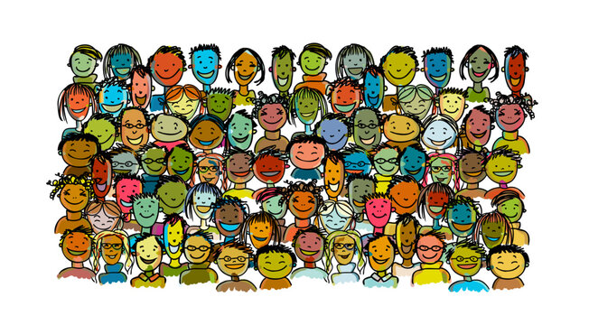 Group of people, community. Colorful faces. Social network. Team of employees. Sketch for your design. Vector illustration