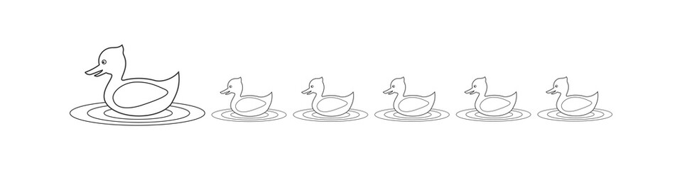 Vector icon of a duck with ducklings swimming. Simple lines on a white background.