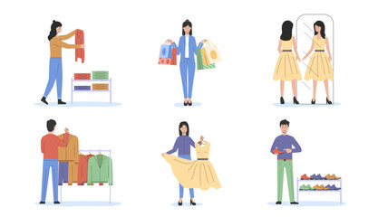 Concept Of Fashion Atelier And Shopping. People Measuring, Choosing Clothes In Boutiques. Male And Female Characters Men And Women Buying Clothes And Shoes In Store. Cartoon Flat Vector Illustration