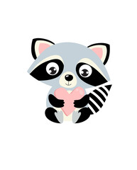 Cute Raccoon with a heart. Forest animal. Little cute raccoon is sitting. Funny cartoon character.