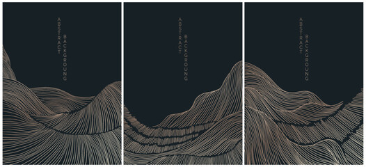 vector abstract japanese style landscapes lined waves in black and gold colours	