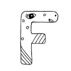 Hand drawn vector black letter. English F, funny style, doodle big letter.