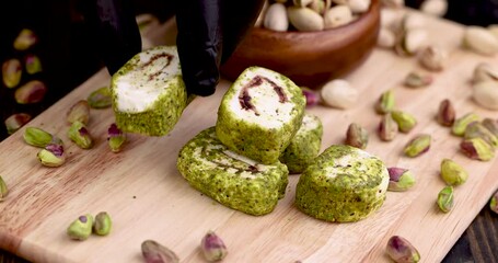 put fresh Turkish delight with crushed pistachios and chocolate on a board, fresh Turkish delight with green pistachios is put on a wooden surface
