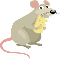 Сartoon rat with cheese. Sweet rodent. Cartoon character.Little fluffy mouse. gray wool