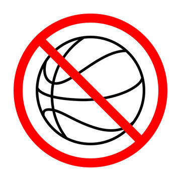 Basketball ban sign. Basketball is forbidden. Prohibited sign of basketball. Red prohibition sign. Vector illustration