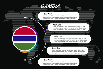 Gambia circle infographic with information text spaces, black background with world map, info template