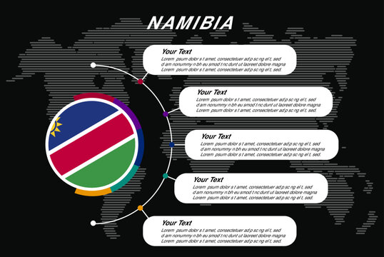 Namibia circle infographic with information text spaces, black background with world map, info template