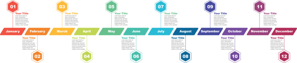Presentation timeline business infographic template for 12 months, 1 year, 12 Months Concepts timeline work flow processes or steps, Hexogon Timeline infographic - obrazy, fototapety, plakaty