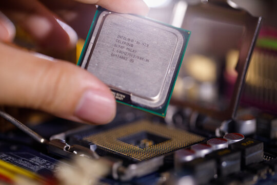 Close-up intel  Processor on Computer Motherboard. 