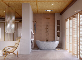 3d rendering,3d illustration, Interior Scene and  Mockup,scandinavian style bathroom render 3d,natural wooden furniture.