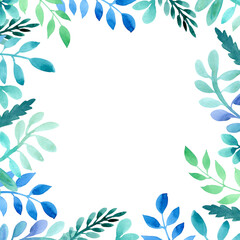 Square background with blue and green herbs and leaves. Backdrop decorated of foliage of delicate plants. Natural border. Colorful hand drawn illustration. On white background.