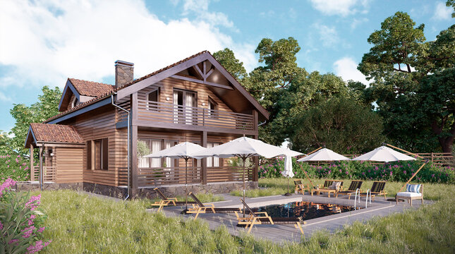  Wooden style house. Beautiful landscape and wonderful outlook. Located in a picturesque area. 3d render