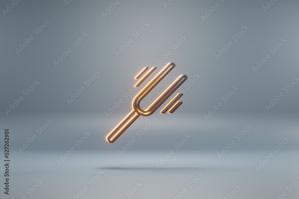 Poster Beautiful black Tuning Fork Vibrating with yellow light  symbol icons on a blue  background. 3d rendering illustration. Background pattern for design.