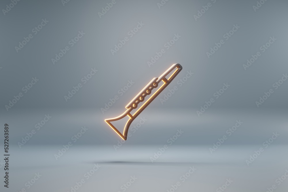Poster beautiful black inclined clarinet with yellow light symbol icons on a blue background. 3d rendering 