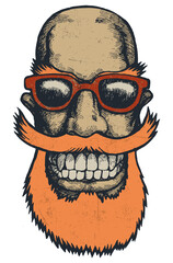 Lucky dude with mustaches, beard and sun glasses. engraving style. Isolated hand drawn design element without background, PNG.