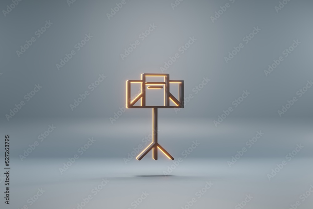 Poster beautiful black music stand with yellow light symbol icons on a blue background. 3d rendering illust