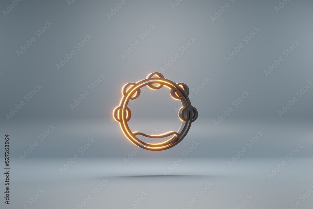 Poster beautiful black big tambourine with yellow light symbol icons on a blue background. 3d rendering ill