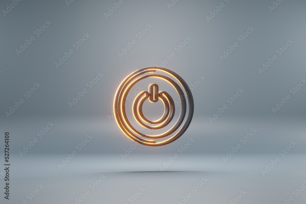 Aufkleber beautiful black round power button with yellow light symbol icons on a blue background. 3d rendering