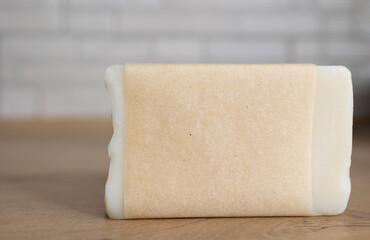 Craft soap with craft paper mockup copy space with place on isolate white background. Small business homemade natural organic soaps, skin product. Concept: Zero waste homemade craft soap 
