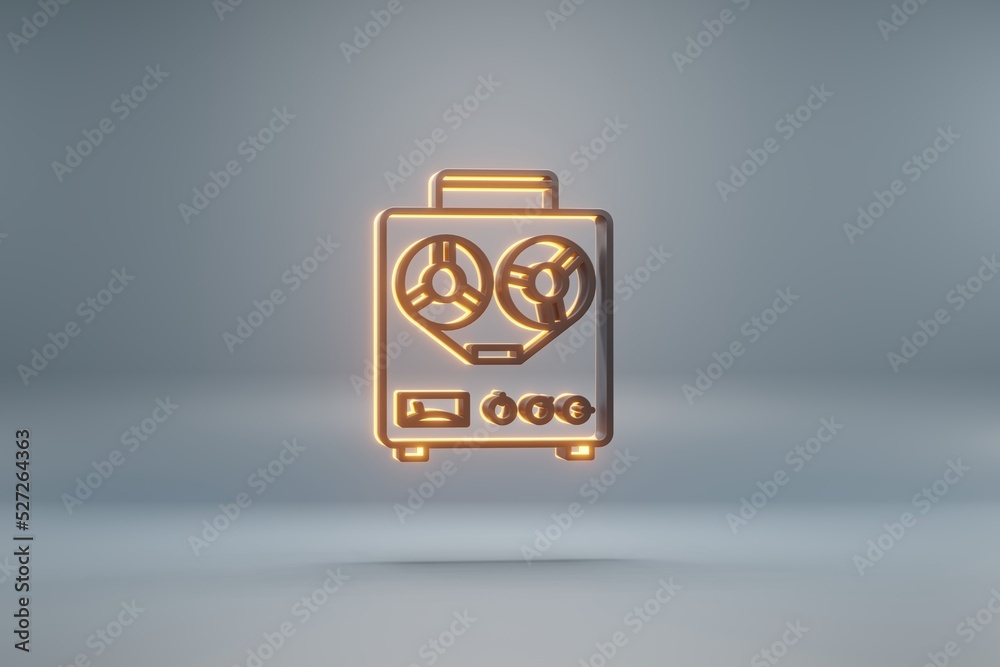 Poster Beautiful black Old Audio Recorder with yellow light  symbol icons on a blue  background. 3d rendering illustration. Background pattern for design.