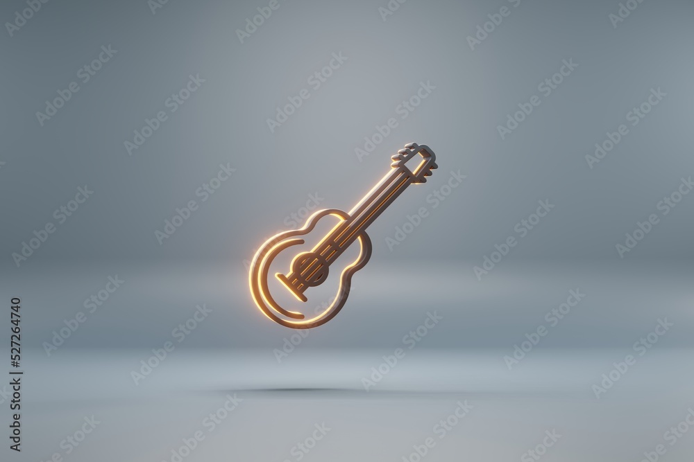 Poster beautiful black jazz guitar with yellow light symbol icons on a blue background. 3d rendering illust