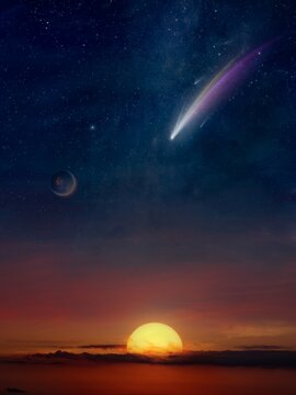 Amazing unreal background: giant colorful comet and dark planet in starry sky over glowing sunset. Comet is icy small Solar System body.
