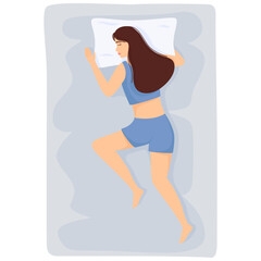 Woman sleeps. Girl in pajamas sleeping on bed. Vector illustration