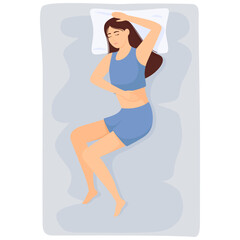 Woman sleeps. Girl in pajamas sleeping on bed. Vector illustration