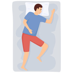 Man sleeps. Man in pajamas sleeping on bed. Top view. Vector illustration