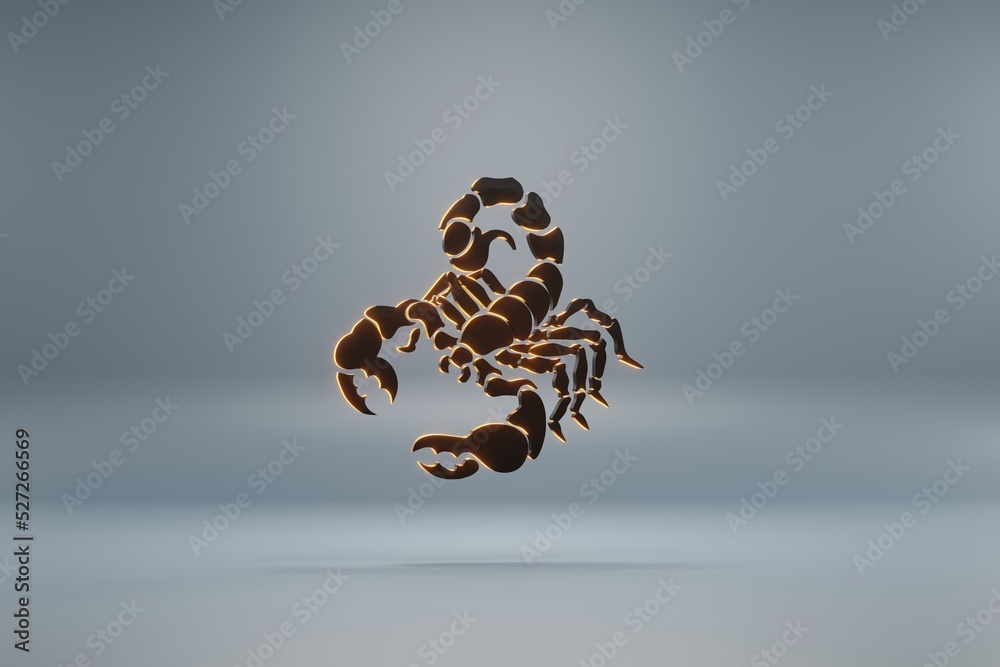 Poster beautiful black zodiac sign scorpio with yellow light symbol icons on a blue background. 3d renderin