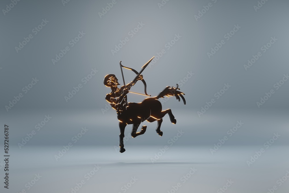 Poster beautiful black zodiac sign sagittarius with yellow light symbol icons on a blue background. 3d rend