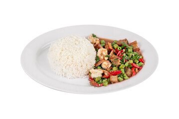  Stir-fried pork and shrimp served with steamed rice