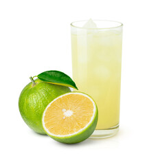 Glass of bitter orange juice and fresh Aurantium citrus (Seville orange) with green leaf isolated...