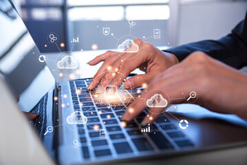 business woman using computer ,The correlation graph of stored data is linked on a virtual screen , Artificial Intelligence Storage Technology data on cloud server