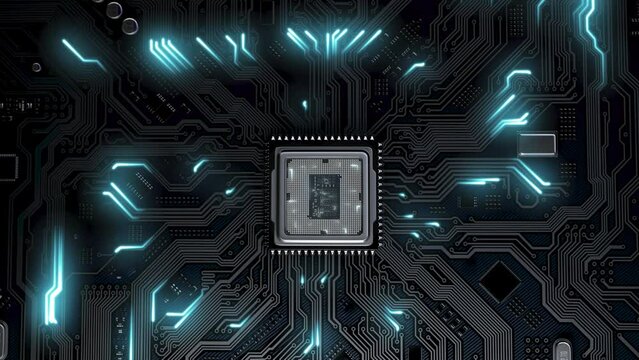 Pulses and neon signals come from the microprocessor and propagate through the motherboard. High quality 4k footage