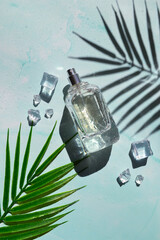 Glass bottle of perfume with shade of palm leaves, ice cubes, water drops on the light blue background. Smell of summer. Fresh  cooling perfumery.