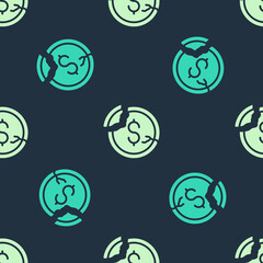 Green and beige Dollar rate decrease icon isolated seamless pattern on blue background. Cost reduction. Money symbol with down arrow. Business lost crisis decrease. Vector