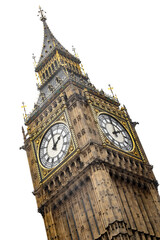 Fototapeta na wymiar The ornate clock tower that houses Big Ben in London, England, Great Britain isolated on white background with clipping path cutout concept for British Victorian landmarks and English history