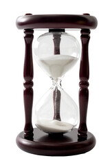 Sand flowing in transparent hourglass used to measure the passing of time, isolated on white...