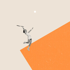 Contemporary art collage. Creative design in retro style. Young beautiful woman in white uniform playing badminton isolated on beige orange background